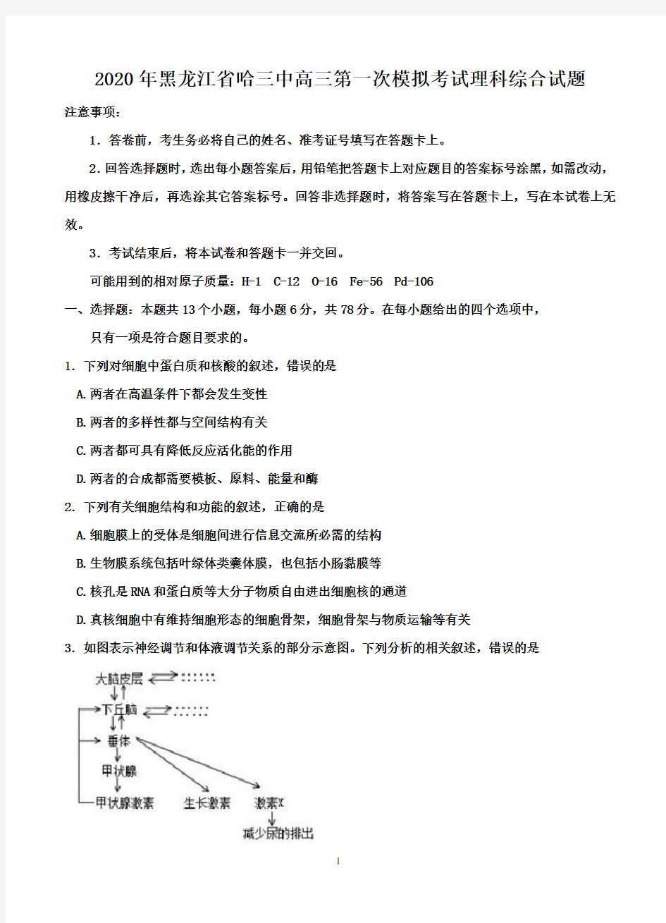 2020年黑龙江省哈三中高三第一次模拟考试理科综合试题-含答案