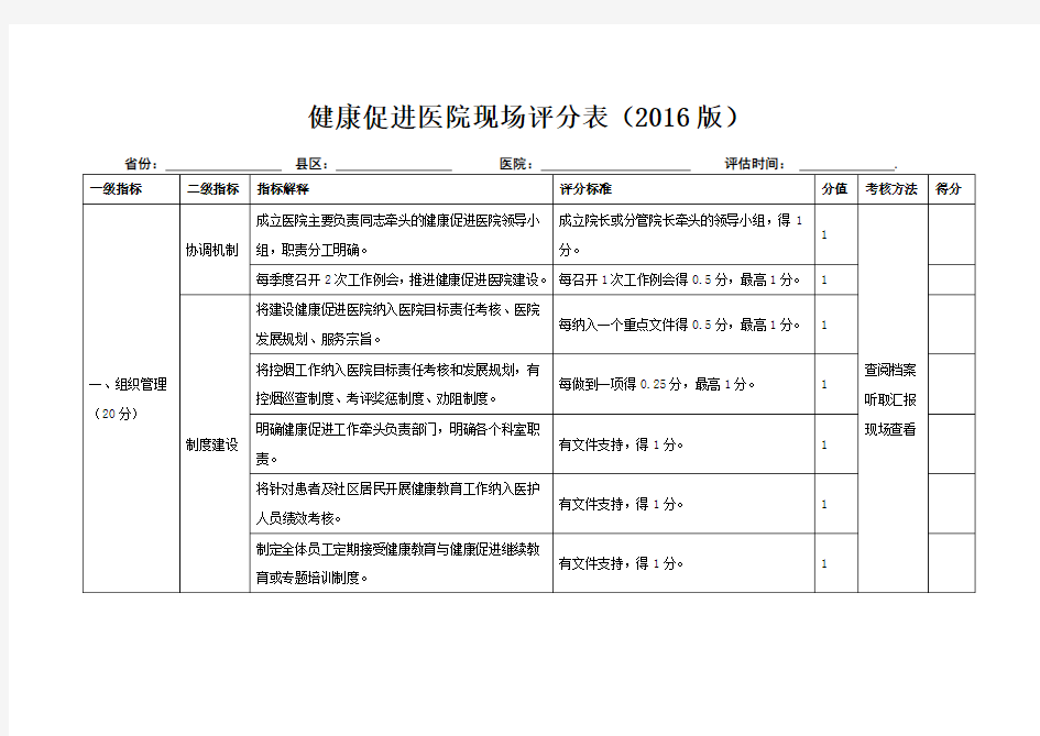 健康促进医院考核标准(2016版)
