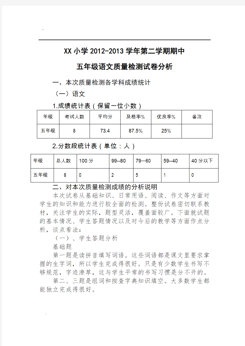 五年级语文质量检测试卷分析