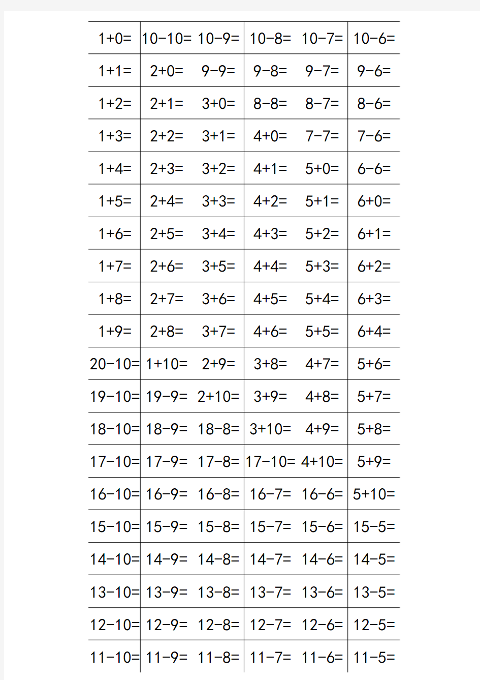 小学一年级20以内加减法(口算卡片打印版)