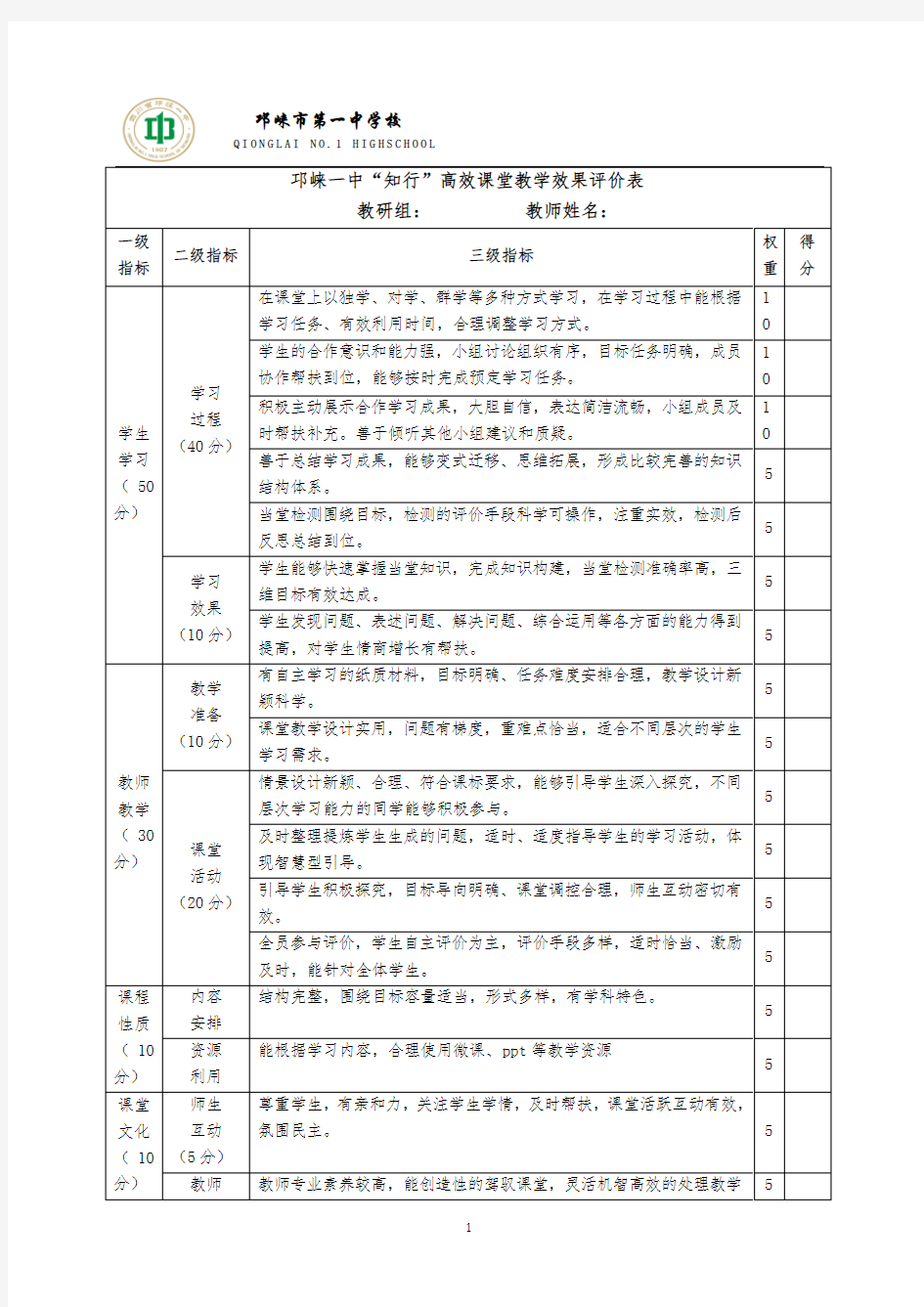 效果评价表