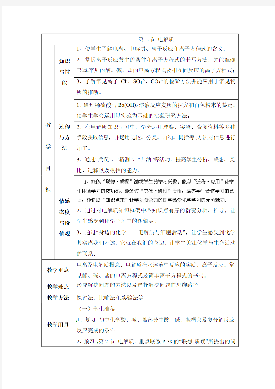 鲁科版高中化学必修一《电解质及其电离》教案-新版