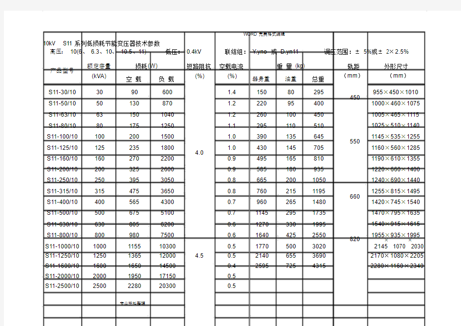 10kv级S7、S9及S11变压器技术参数表