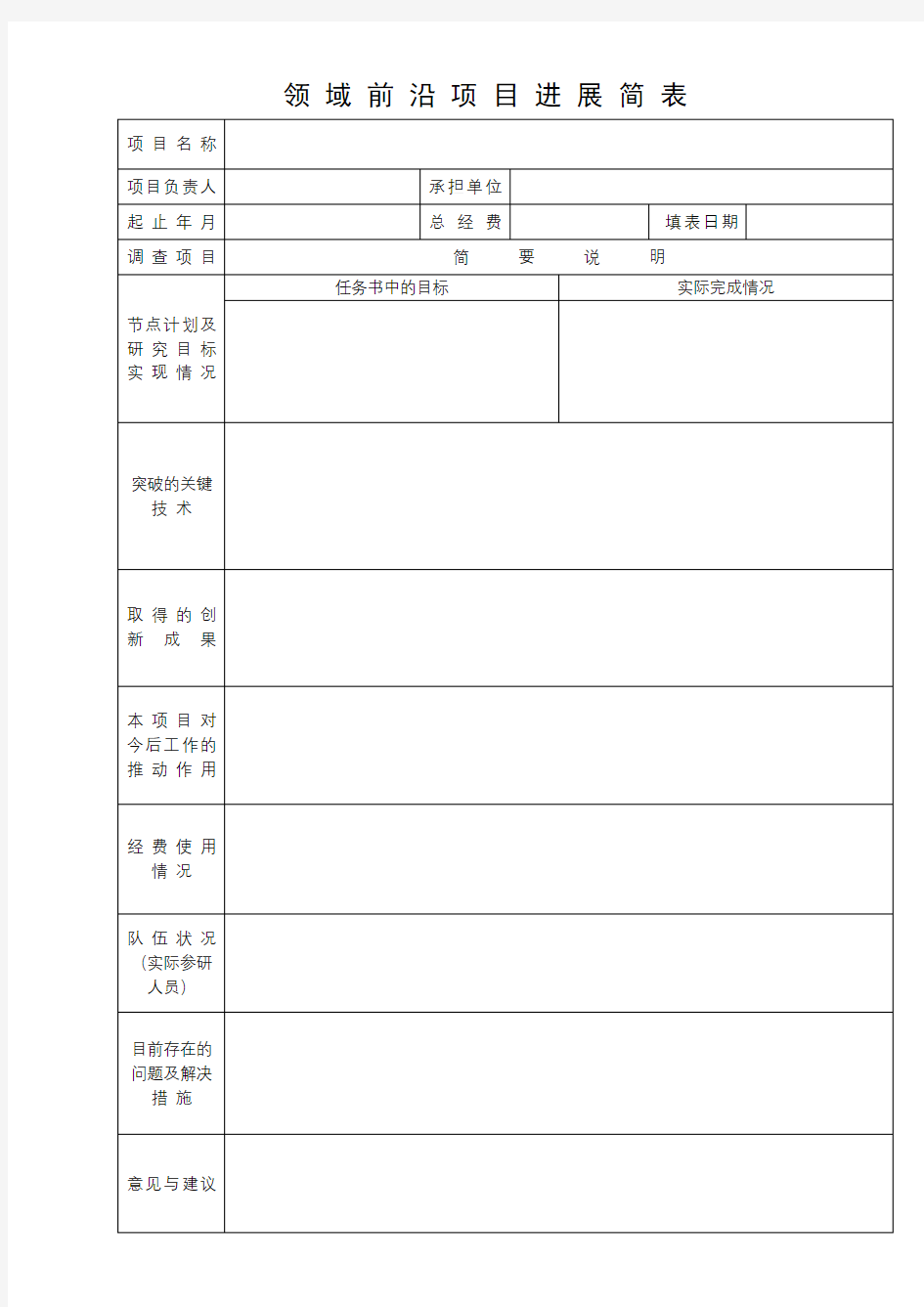 领域前沿项目进展简表【模板】