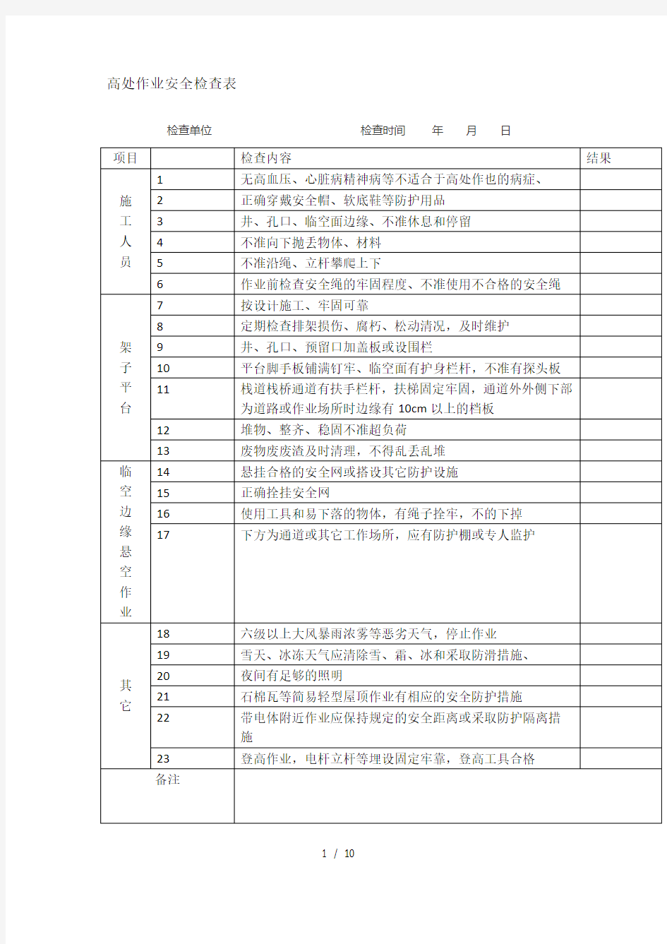 高处作业安全检查表