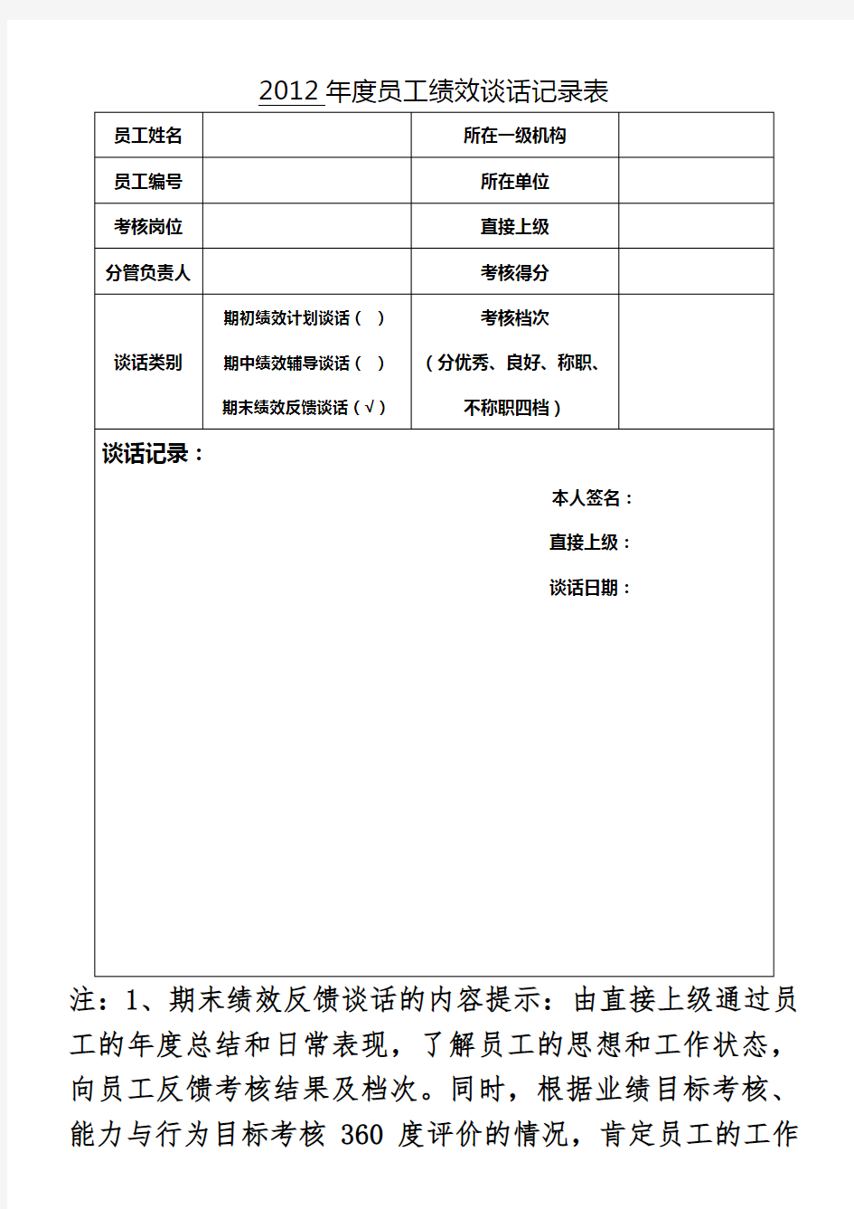 员工绩效谈话记录表(模板)