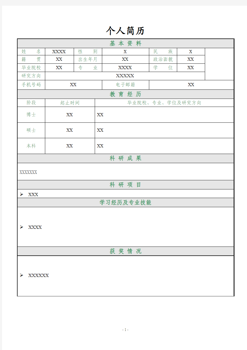 博士个人简历模板