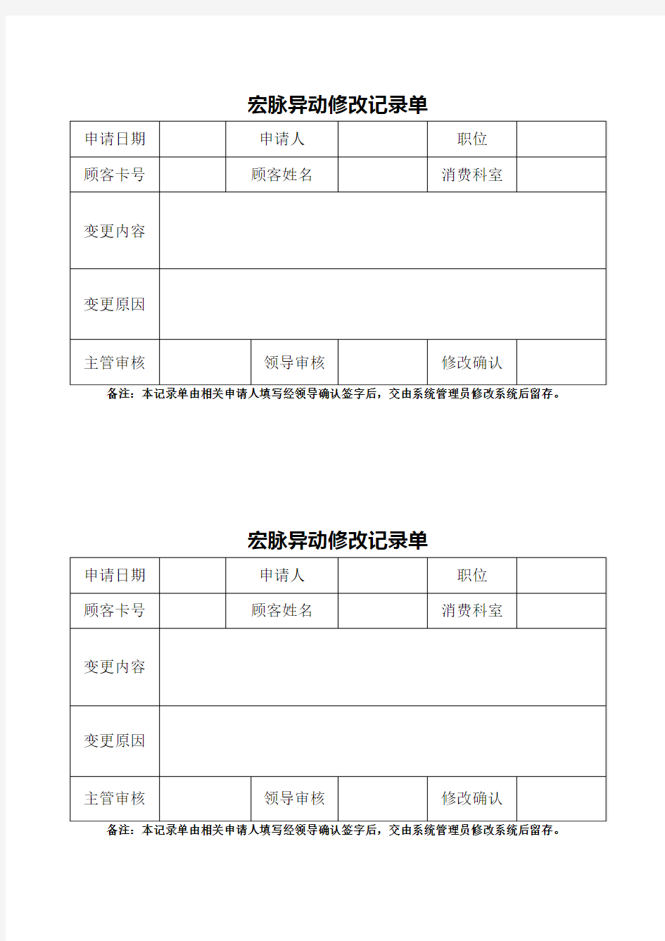 整形美容医院宏脉系统更改申请异动修改记录单