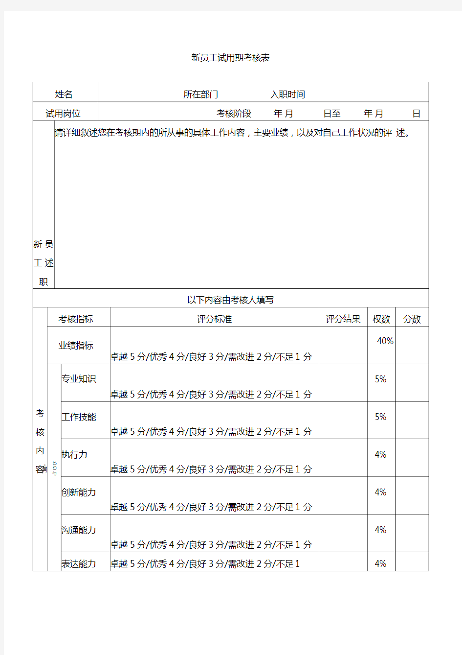 新员工试用期考核表