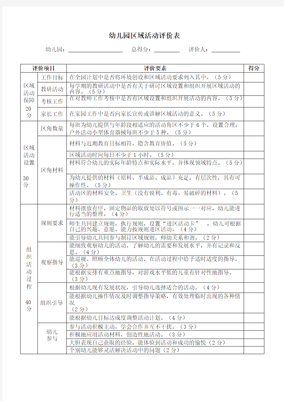 D_幼儿园区域活动评价表