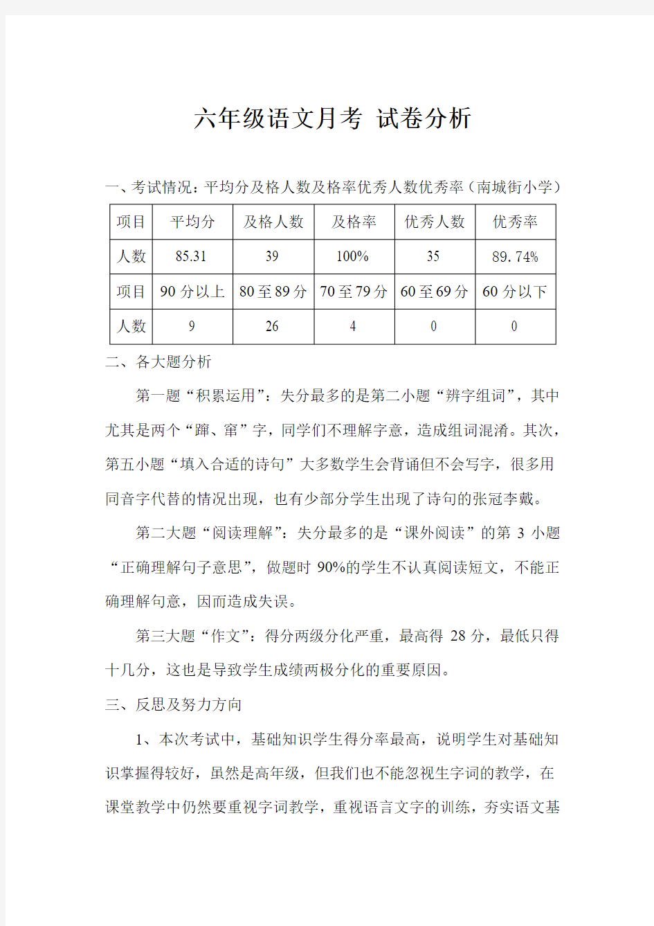 小学六年级语文月考试卷分析