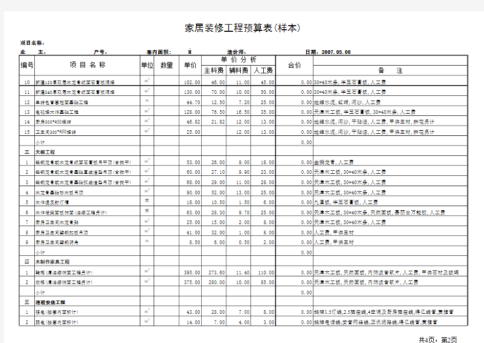 室内装饰工程预算表(样本)