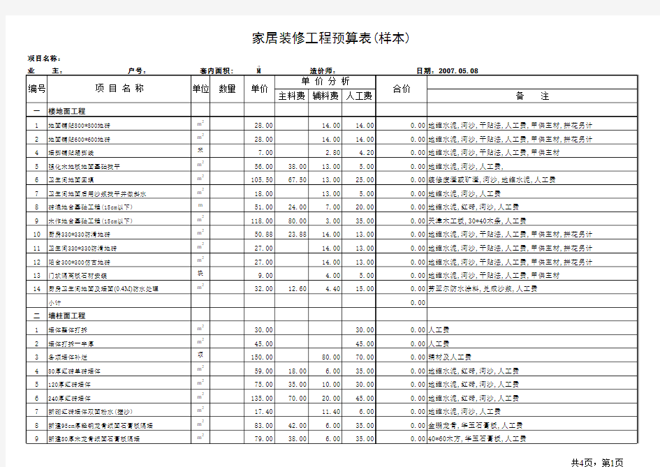 室内装饰工程预算表(样本)