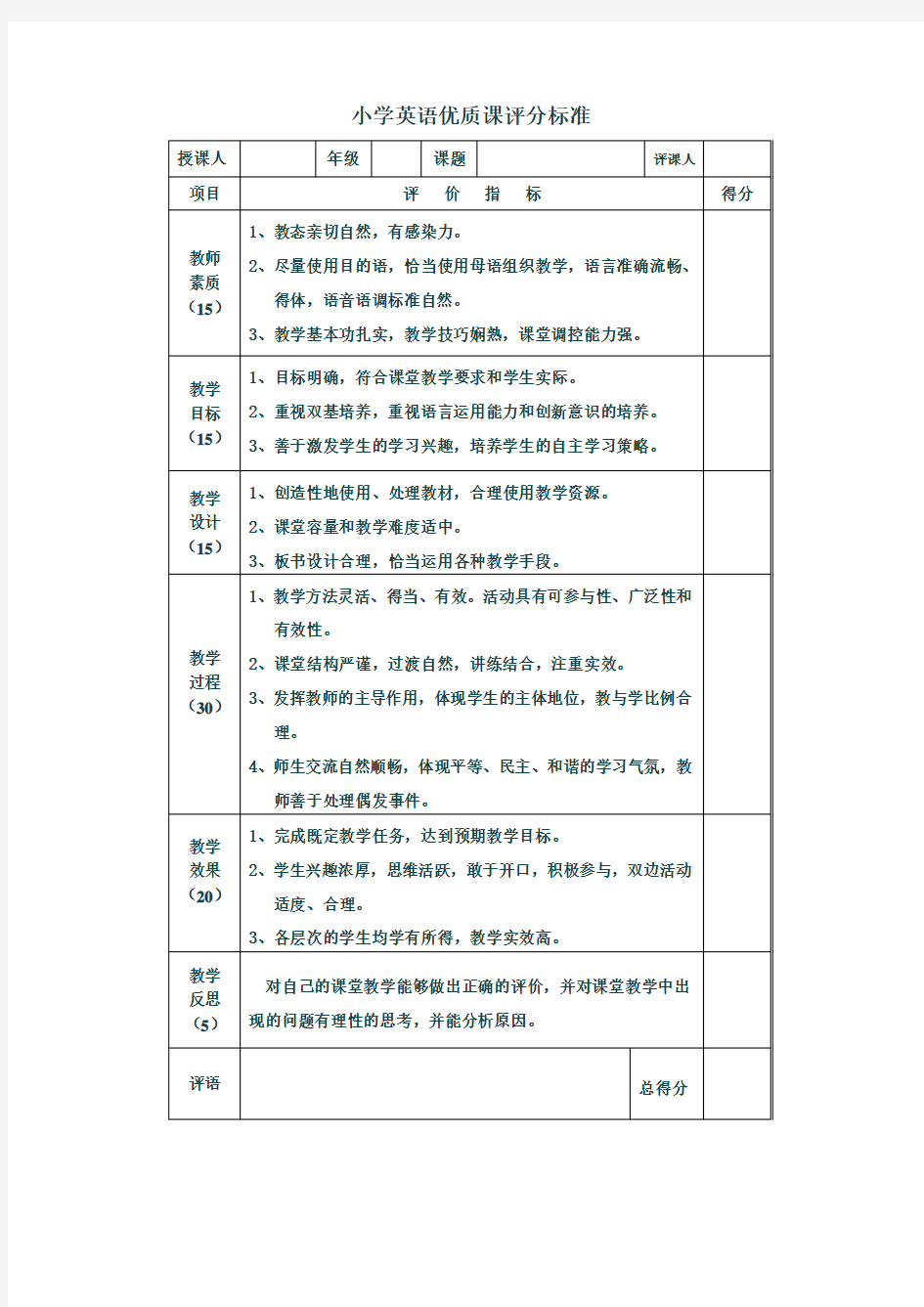 小学英语优质课评价标准