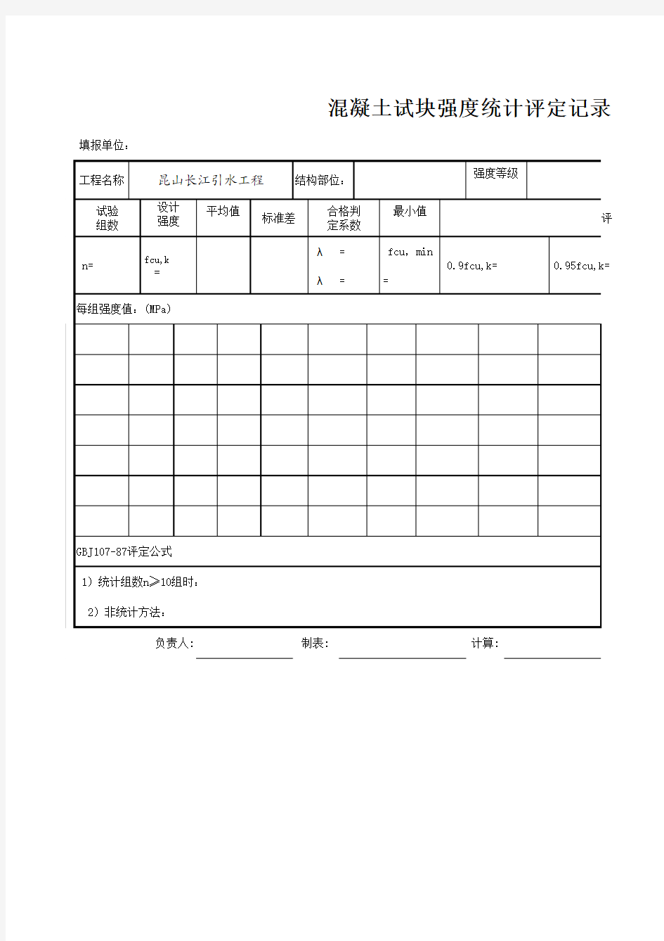 混凝土试块强度统计评定记录