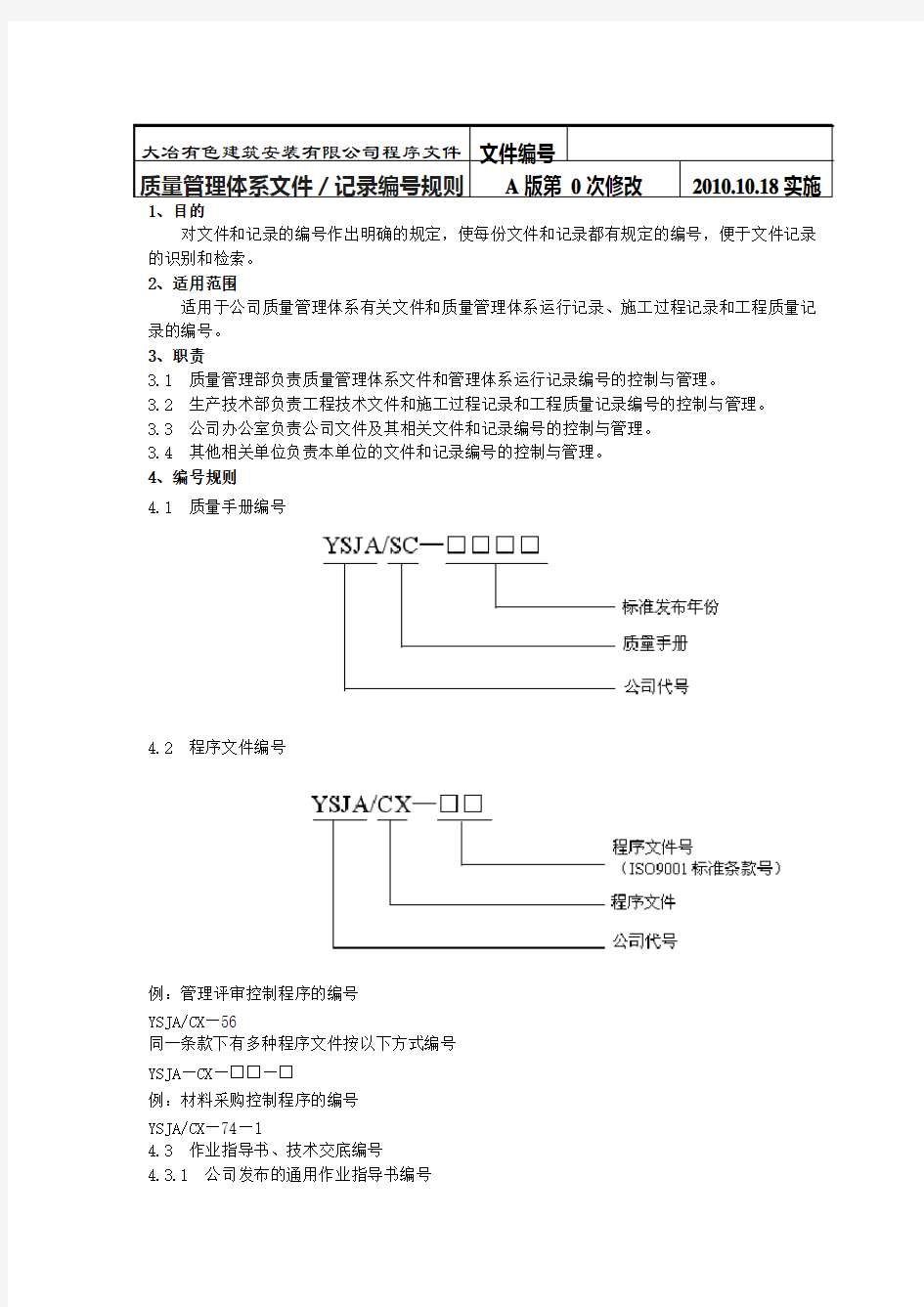 质量管理体系文件—记录编号规则