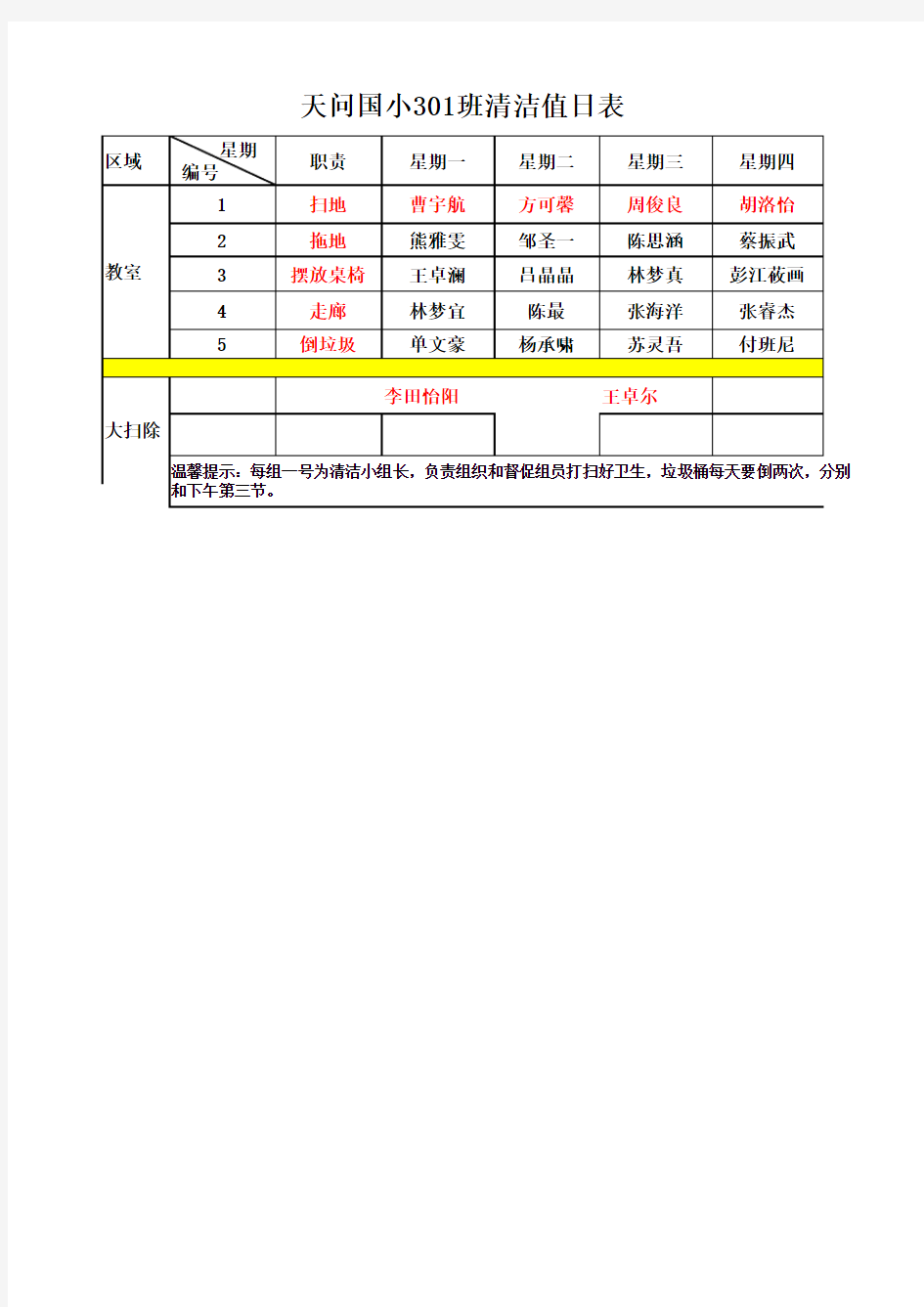 清洁卫生值日表