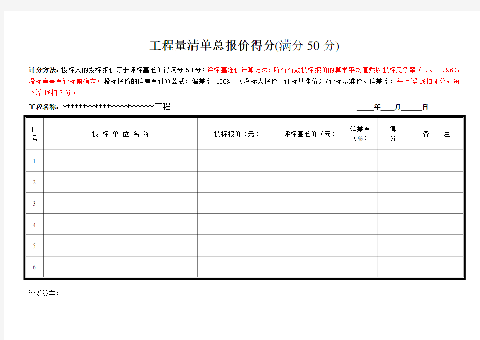 商务标评分表(清单)