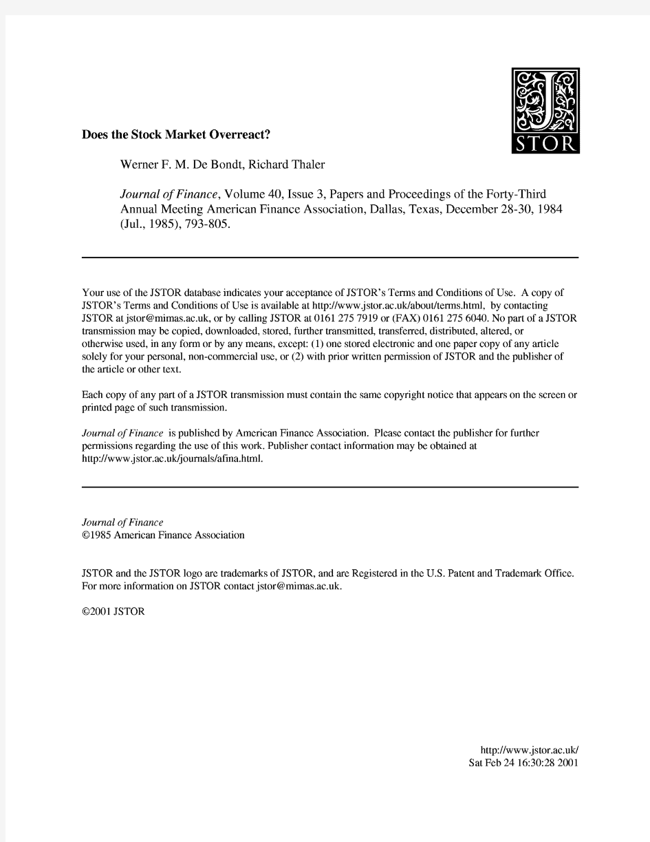 Does the Stock Market Overreact (Werner F. M. De Bondt, Richard Thaler, Journal of Finance, V.40, Is