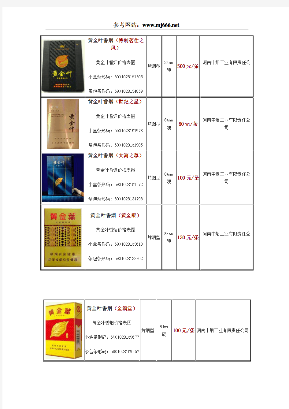 黄金叶香烟价格表图