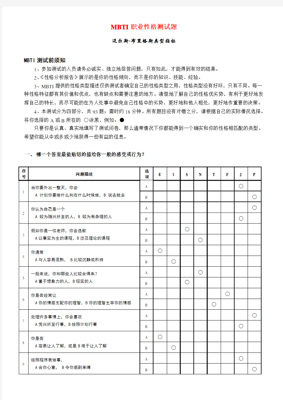 MBTI职业性格测试(完整版)全