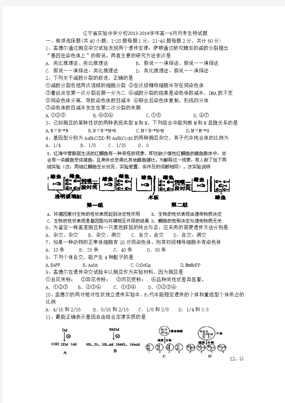 辽宁省实验中学分校2013-2014学年高一6月月考生物试题 Word版含答案