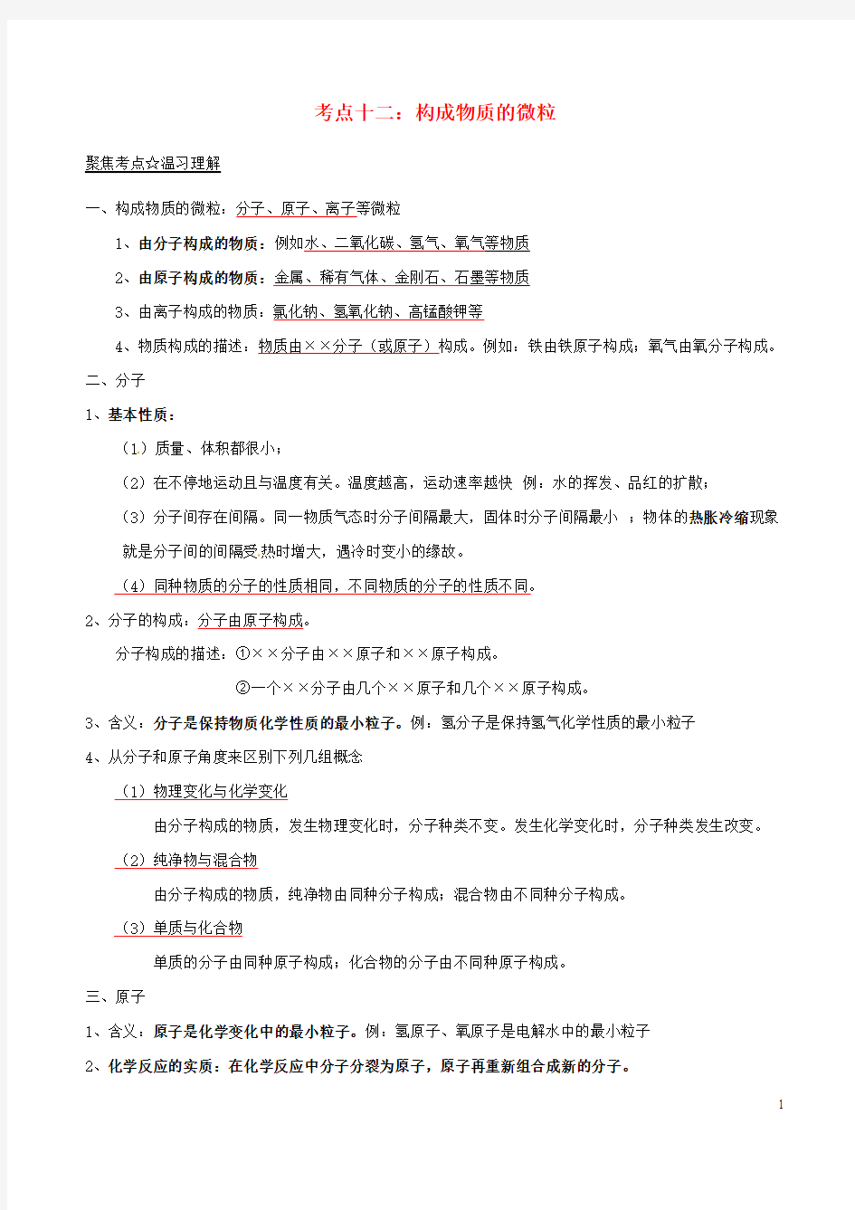 2016年中考化学考点总动员系列 专题12 构成物质的微粒原子结构