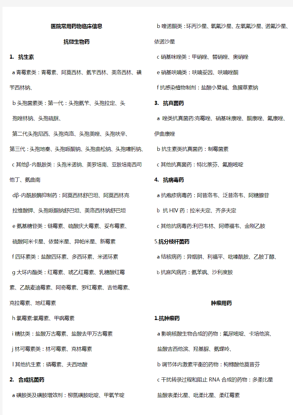 医院各科常用药物临床信息及药品分类