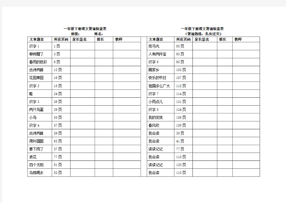 一年级下册课文背诵检查表(家长版)