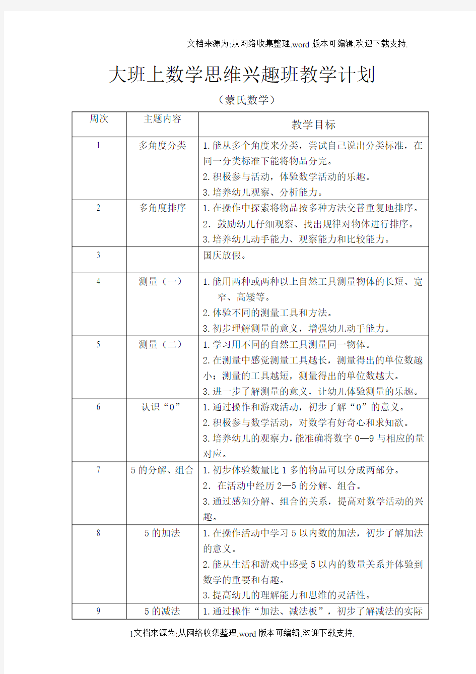 蒙氏数学大班上学期数学思维兴趣班教学计划