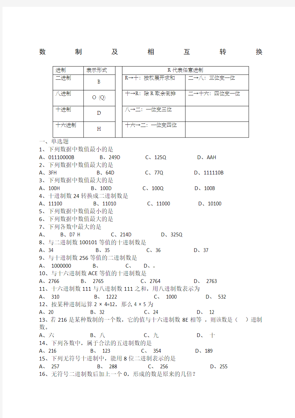 进制十进制八进制十六进制转换练习题 