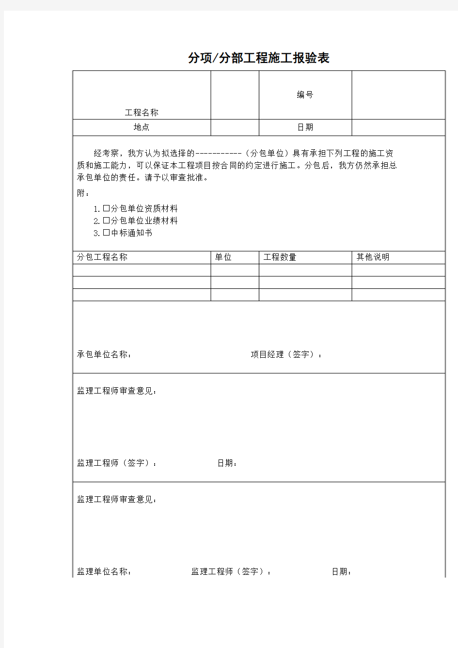 分项分部工程施工报验表(表格模板、doc格式)