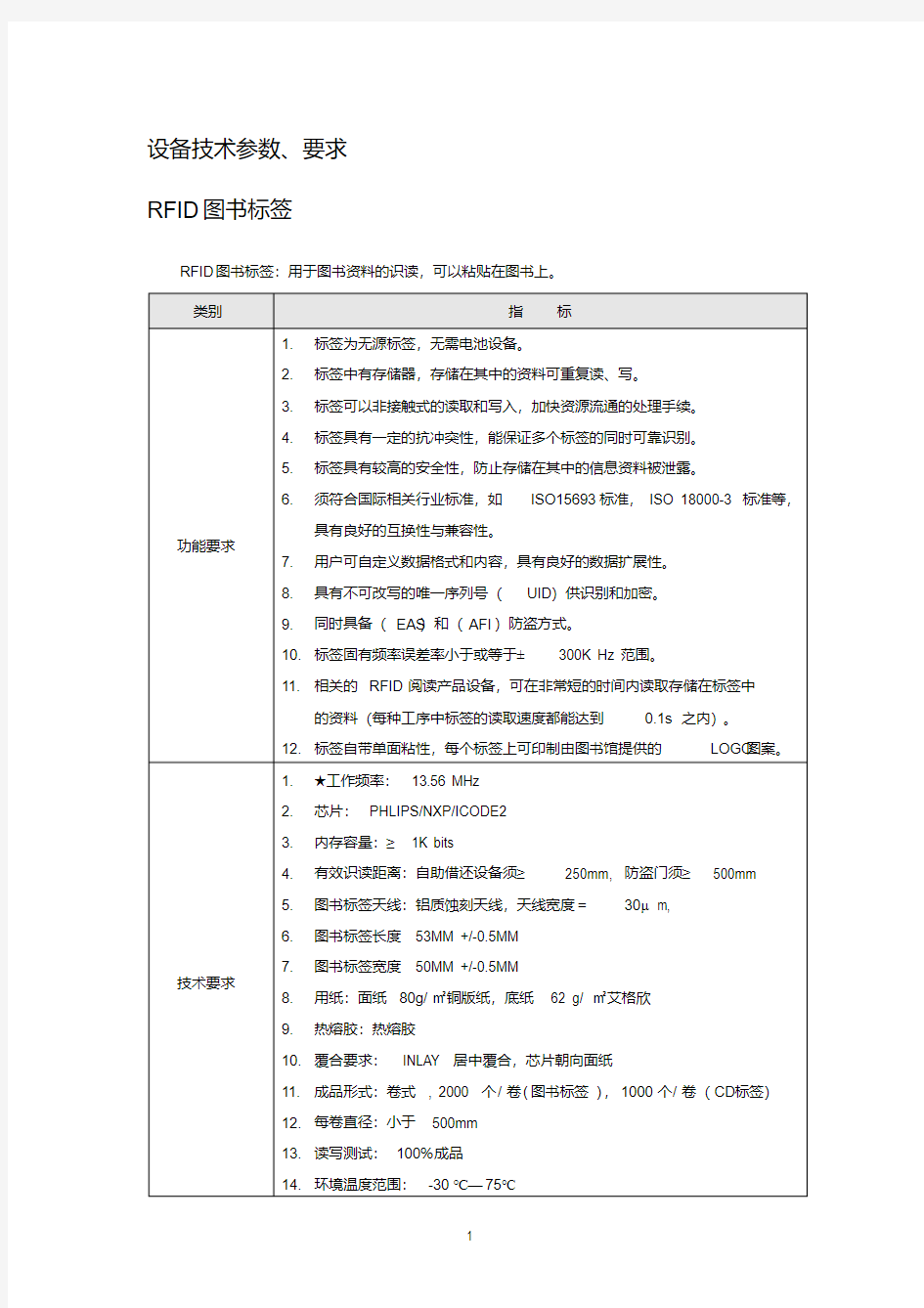 设备技术参数、要求