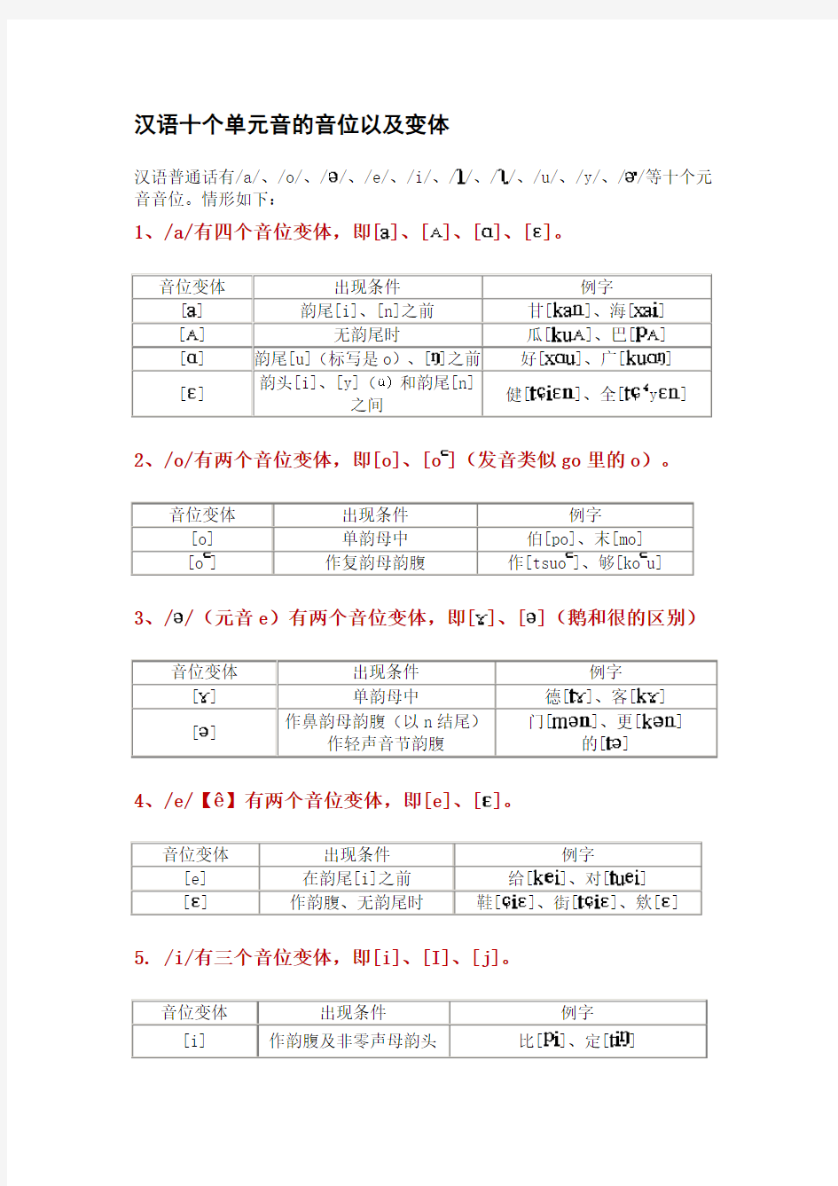 汉语十个单元音的音位以及变体(附国际音标版) 