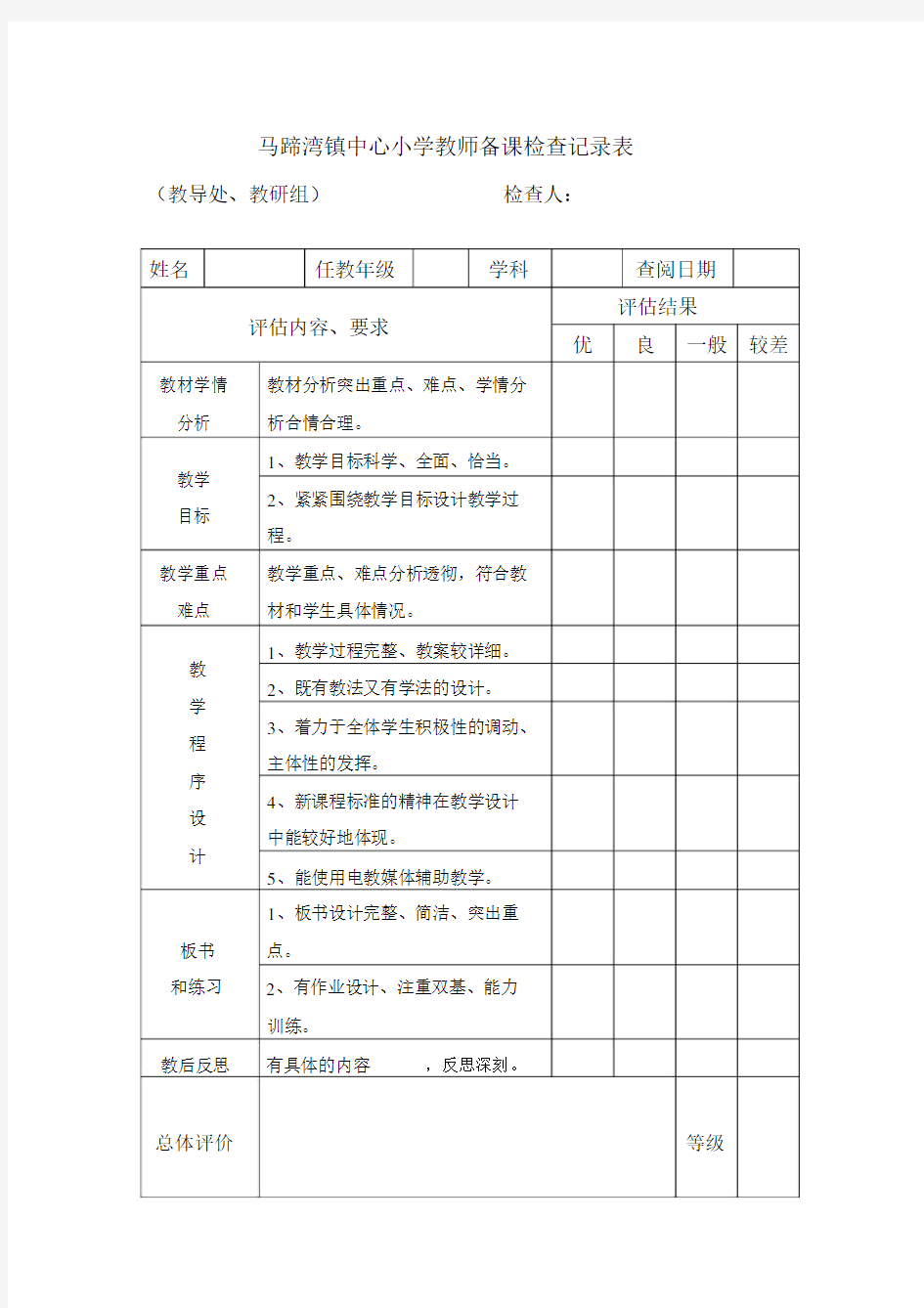 小学教师备课检查记录表格.docx