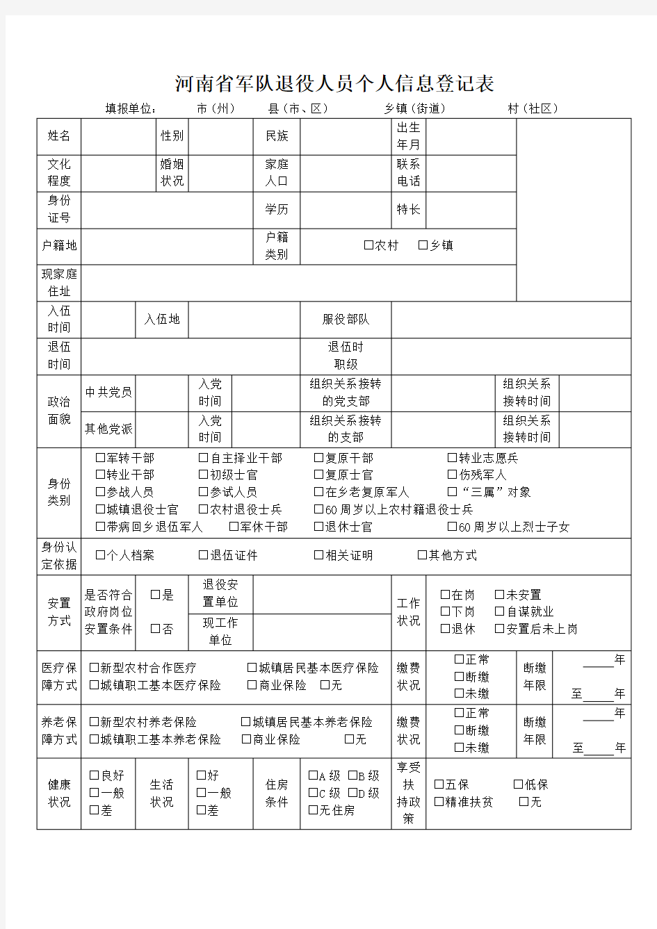 河南省军队退役人员个人信息登记表