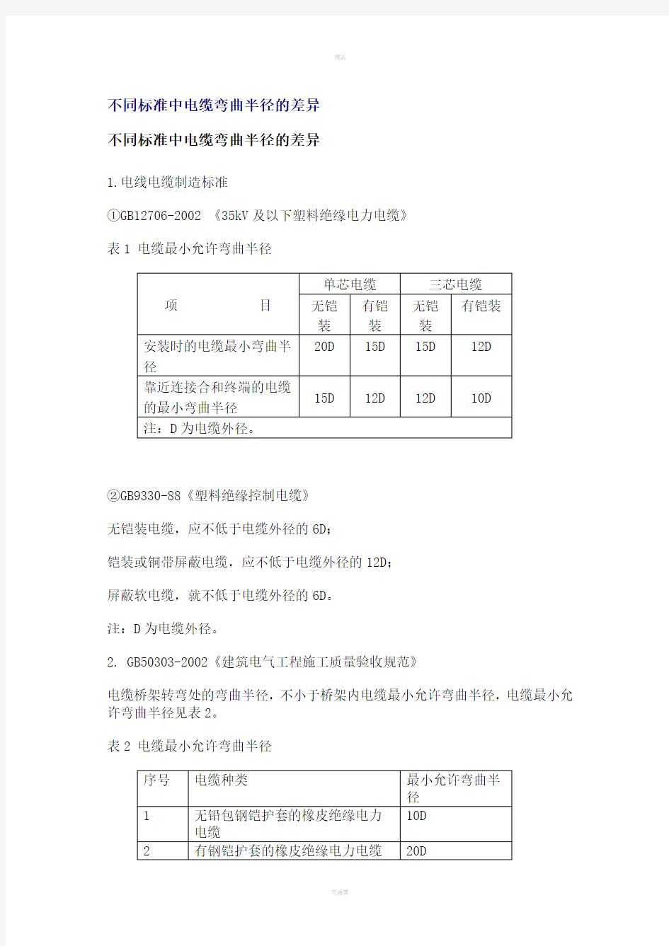 电缆弯曲半径规定