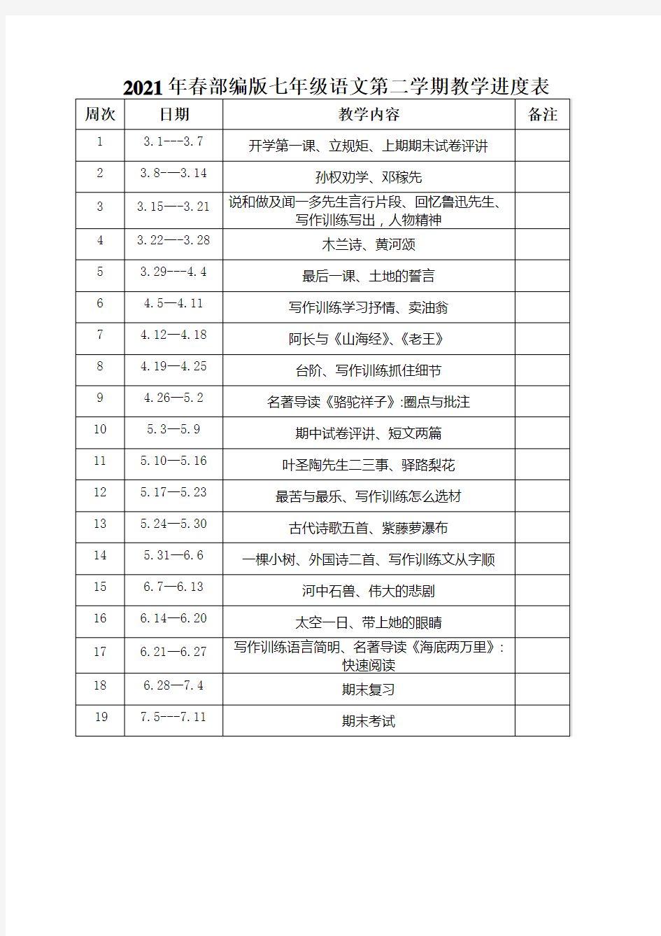 2021年春部编版七年级语文第二学期教学进度表