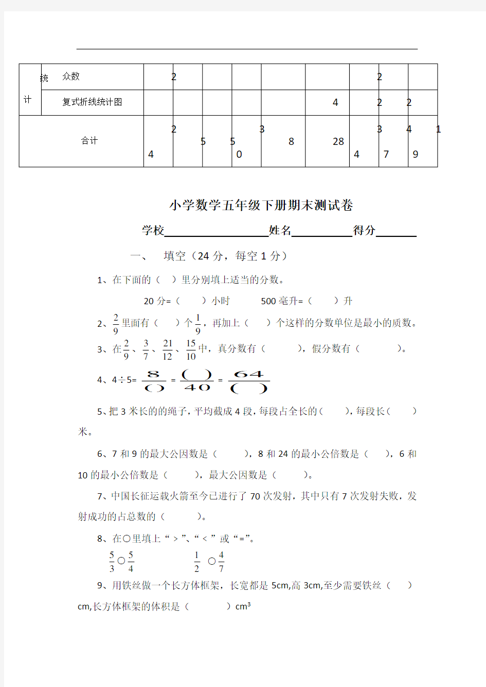 小学数学五年级下册期末检测双向细目表、试卷、答案