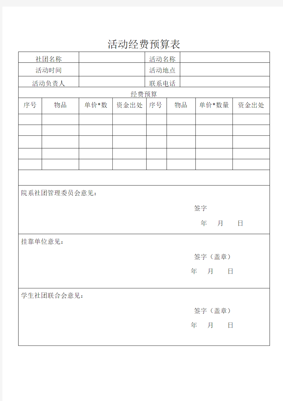 社团活动经费预算表