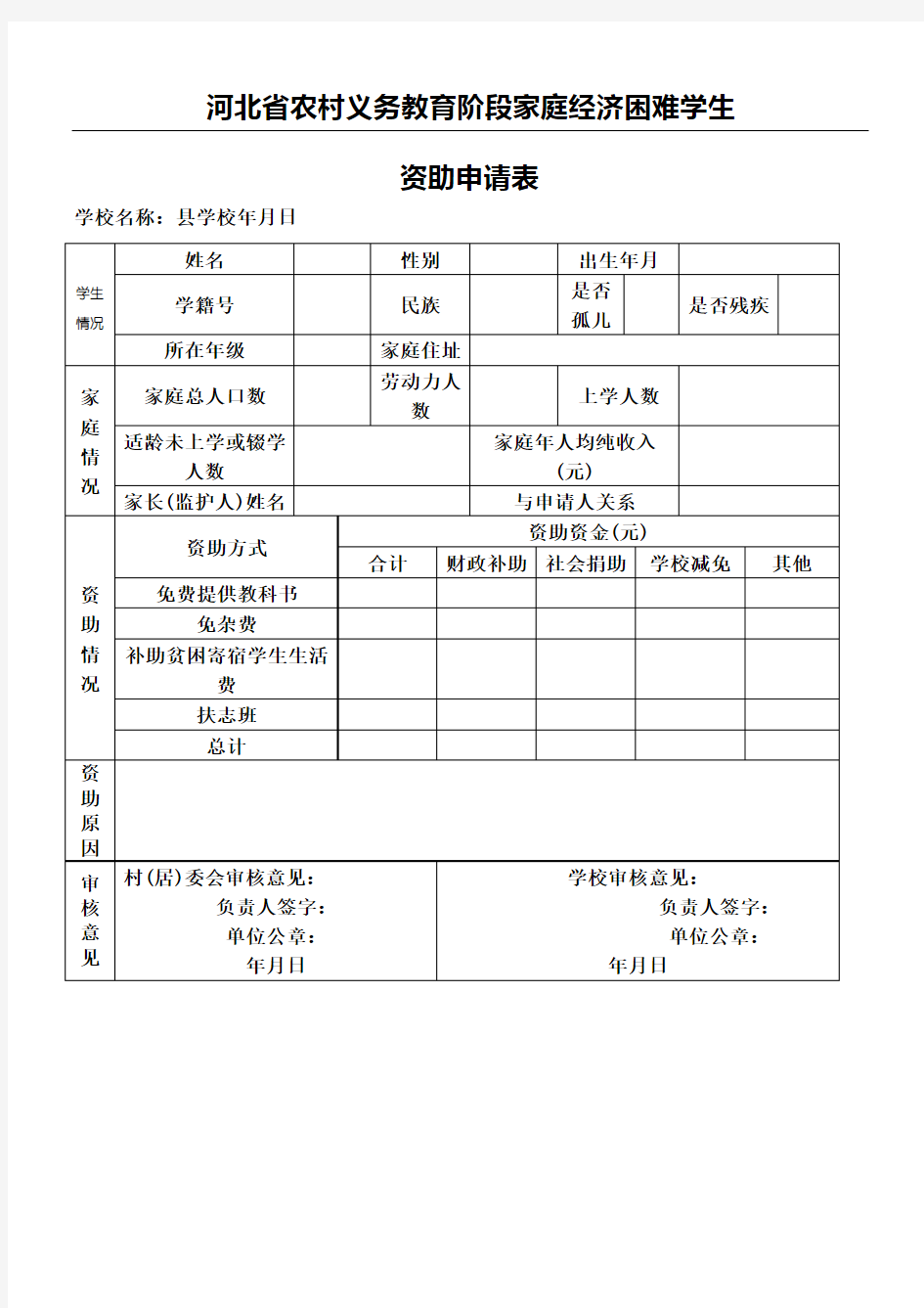 河北省农村家庭经济困难学生资助申请表