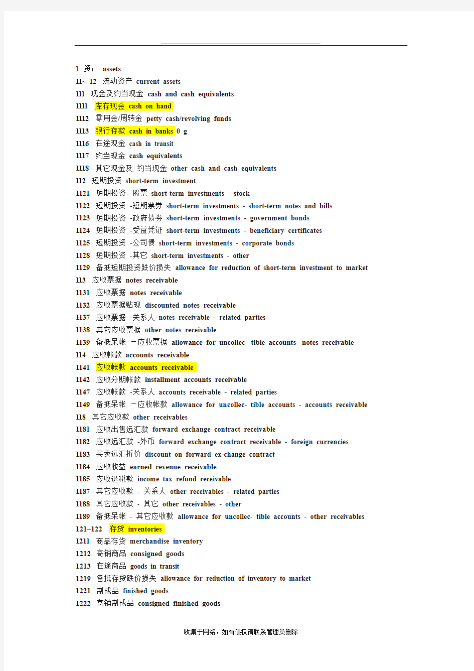 最新会计科目中英文对照(全)