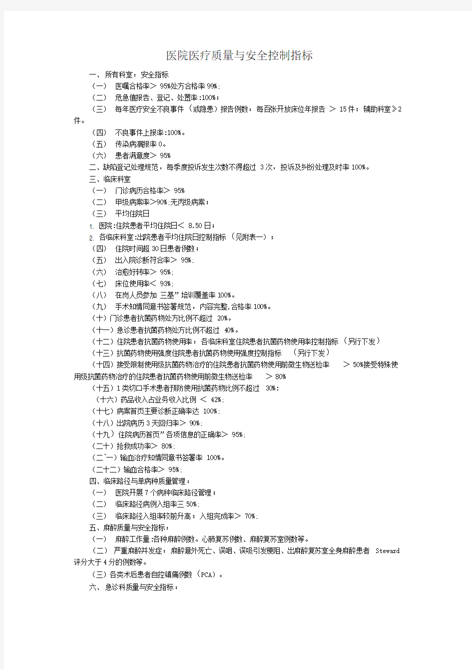 医院医疗质量与安全控制指标