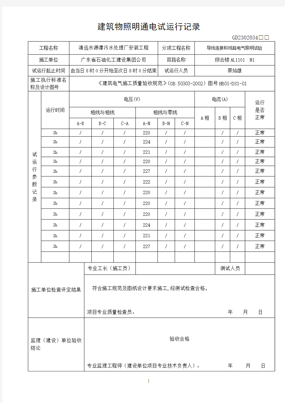 建筑物照明通电试运行记录1