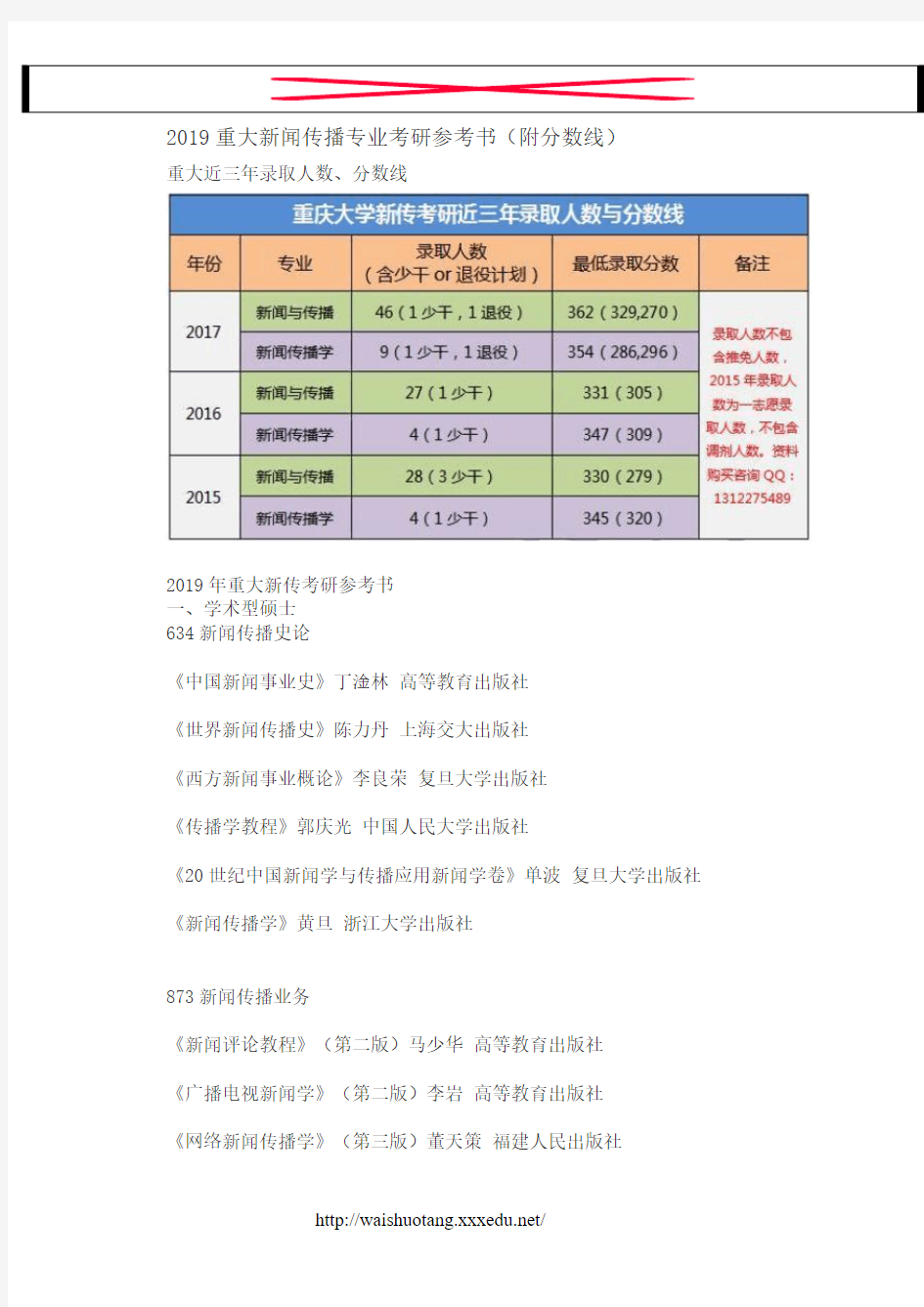 2019重庆大学新闻传播专业考研参考书(附分数线)