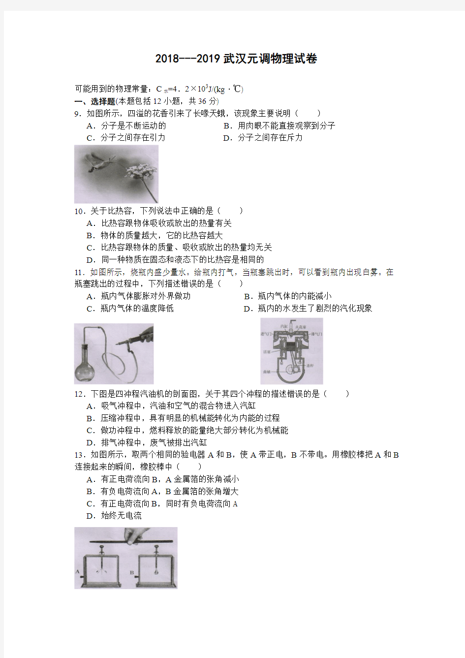 武汉市2019年元月调考物理试题