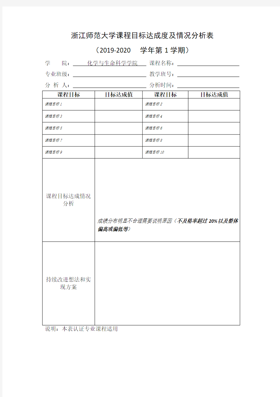 (附成绩单后)浙江师范大学课程目标达成度及情况分析表