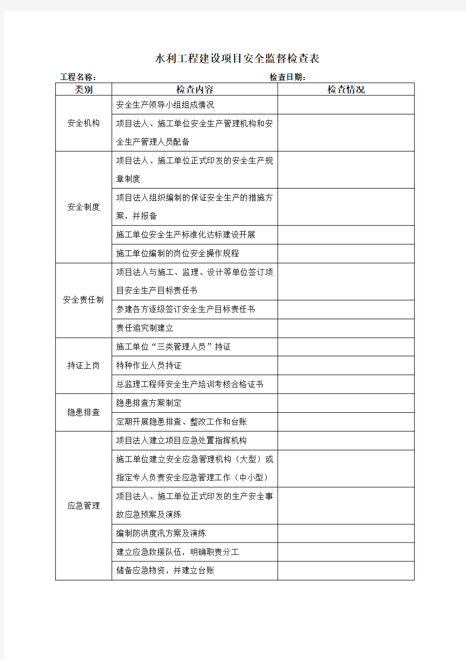 水利工程建设项目安全检查表