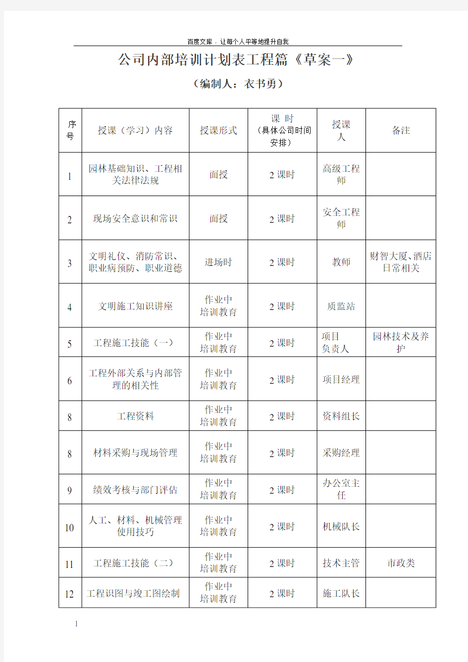 公司内训培训计划表