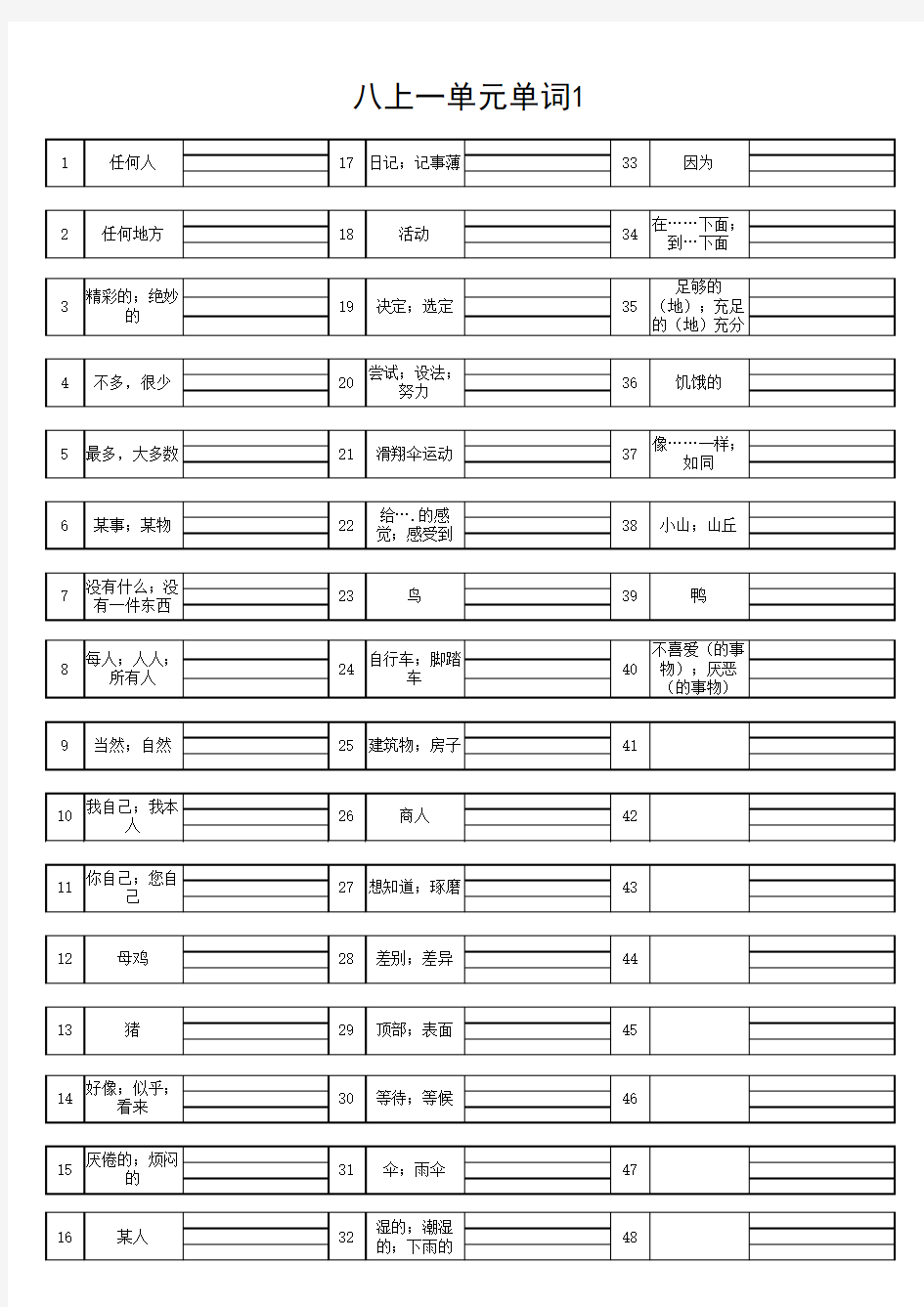 人教版八年级英语上册单词表训练(填空版)